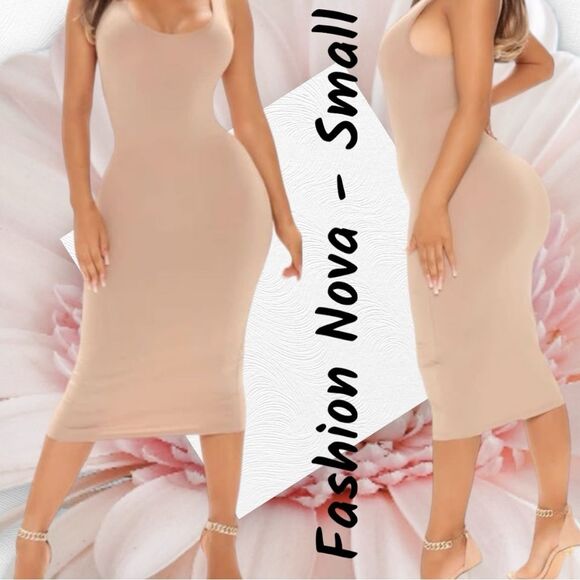 💝 Pre Owned Fashion Nova Bodycon Midi Dress - color Taupe - Small - Picture 1 of 6